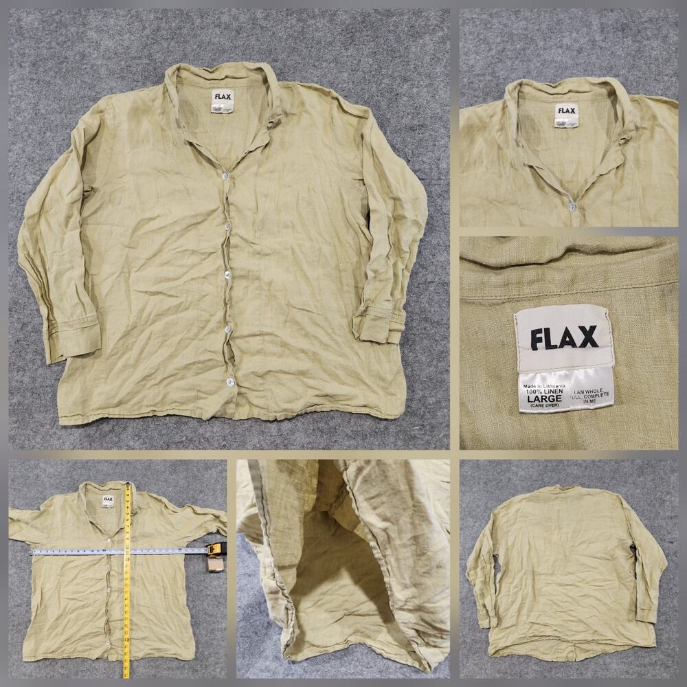 FLAX Womens L Large 100% Linen Button Down Up‎ Oversized Boxy Long Sleeve Shirt
